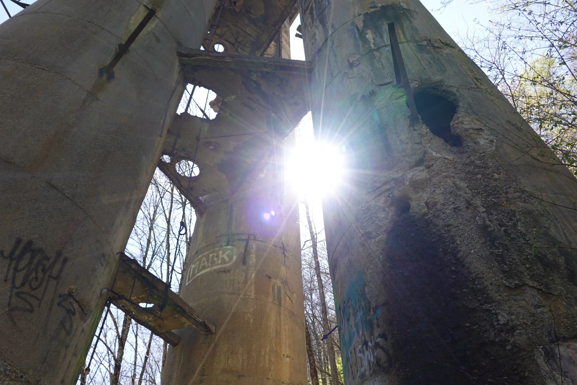 Sunlight shining through the hollowed-out tops of large, graffiti-covered concrete pillars in a wooded area.