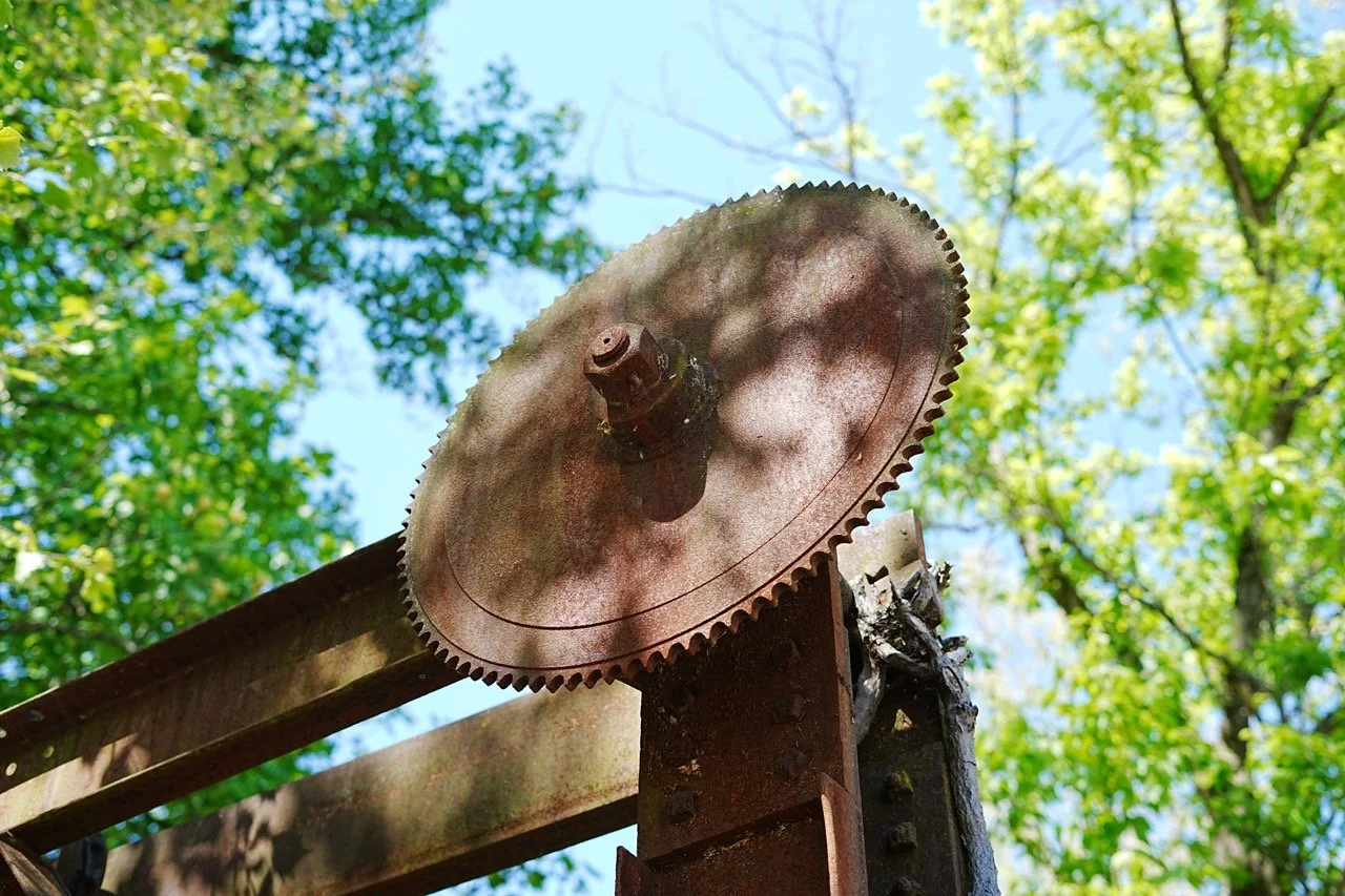 Close-up of rusted circular saw blade mounted on a metal post outdoors, with green trees and blue sky in the background.