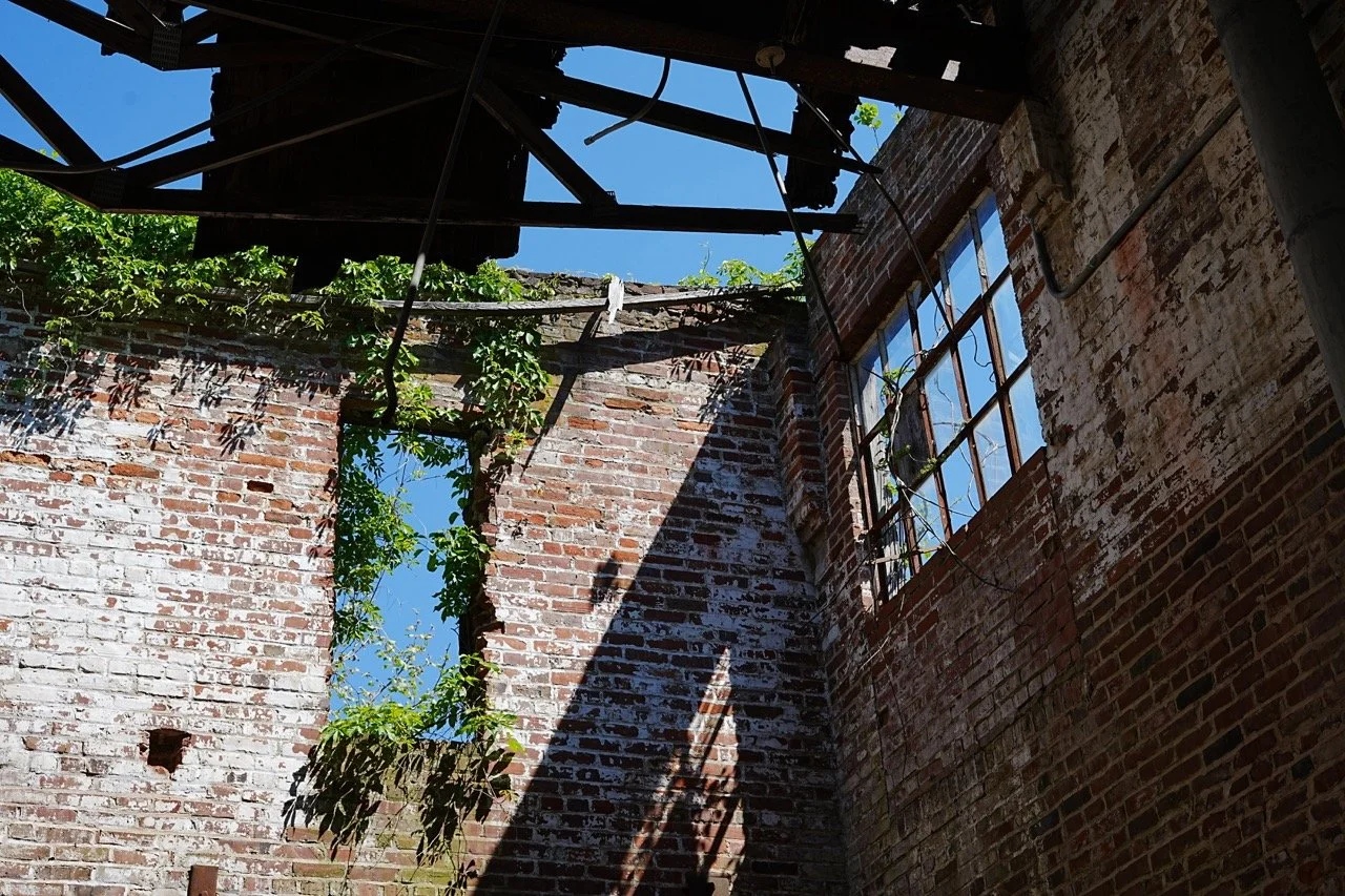 The interior of an old brick building with missing roof panels, allowing sunlight to stream through and cast shadows on the brick walls. Some green plants are growing through the opening.