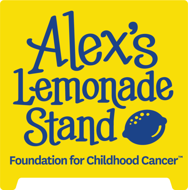Bright yellow sign for Alex's Lemonade Stand, supporting childhood cancer foundation, with a lemon graphic.