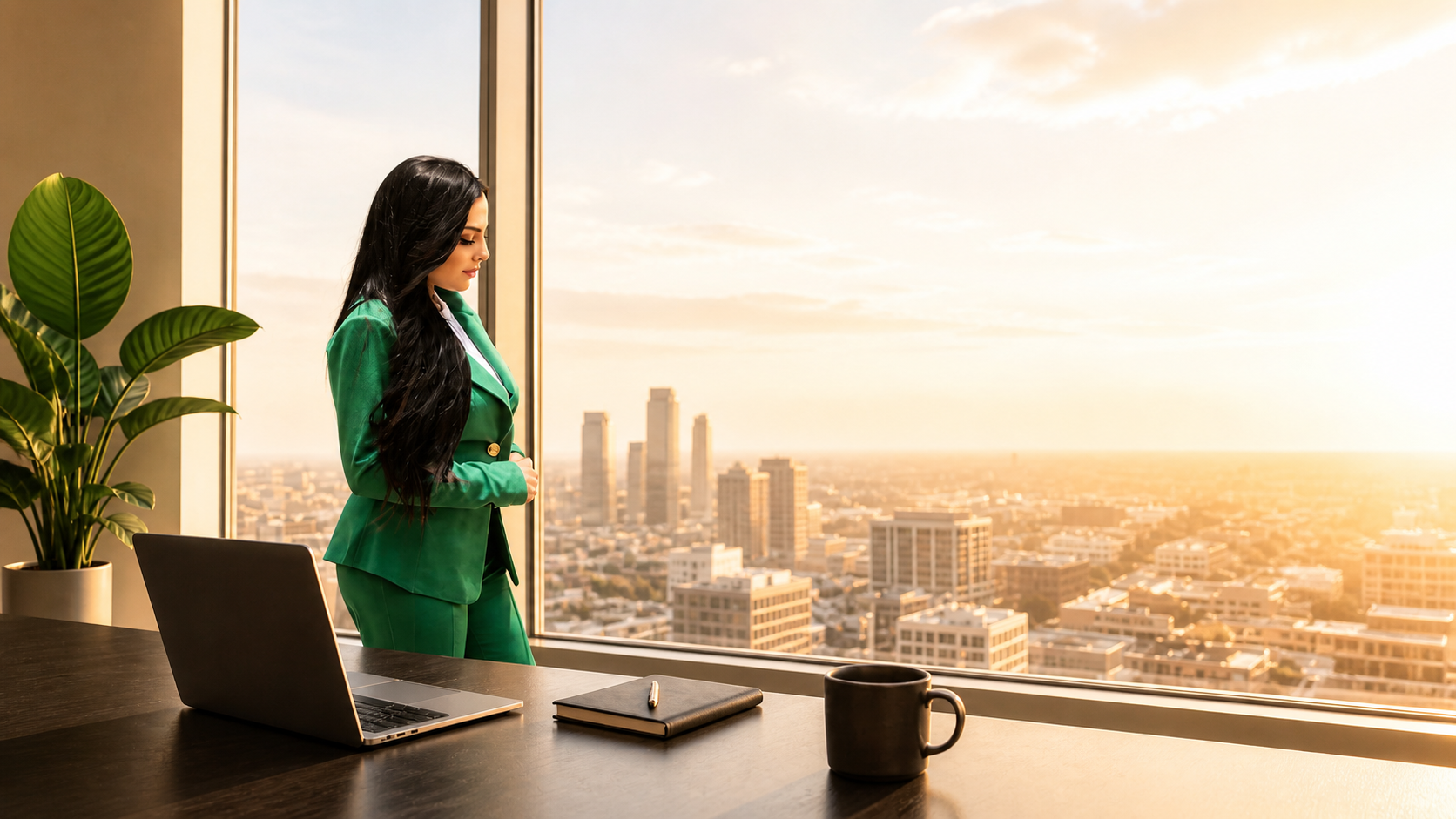 A woman in a green suit standing in an office by a large window overlooking the city skyline at sunset.