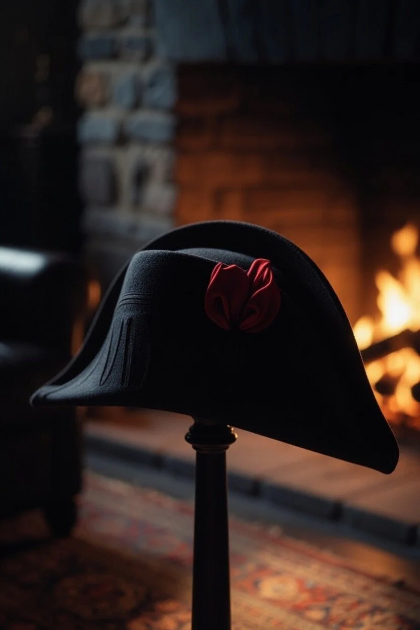 Tricorno de Napoleon con adorno rojo, en un soporte, en una sala con chimenea encendida.