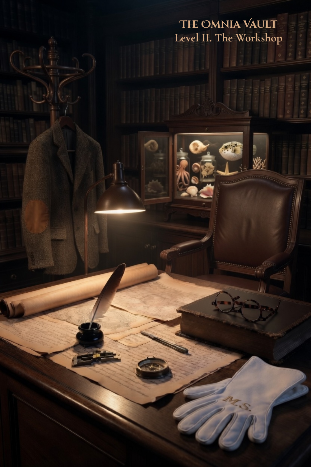 Estudio de investigación con mesa de bosquejos antigua, lentes de lectura, mapa enrollado, y diferentes objetos de investigación. Trasfondo con libros, armario con conchas marinas, sepia y decoración clásica. Ambiente de oficina vintage.