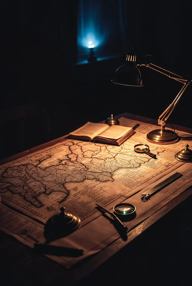 Mesa con un mapa antiguo, una lupa, una lámpara de escritorio, un libro abierto y una regla, en un ambiente oscuro