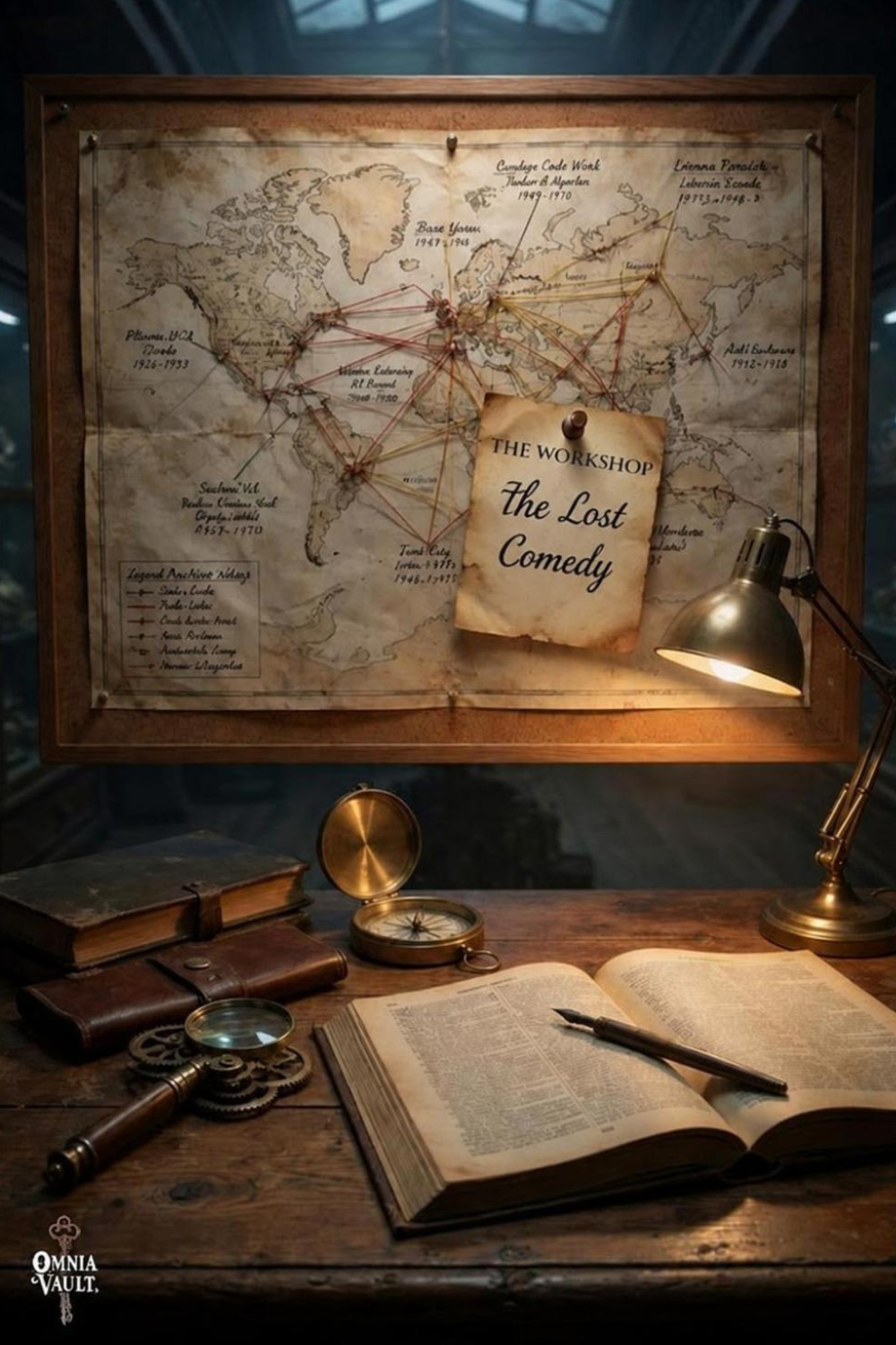 Mapa del mundo con líneas y notas, junto con una libreta abierta con letras pequeñas, una linterna, un reloj de brújula, y un libro en una mesa de madera, en una estantería con lámpara. Póster que dice 'The Workshop The Lost Comedy'.