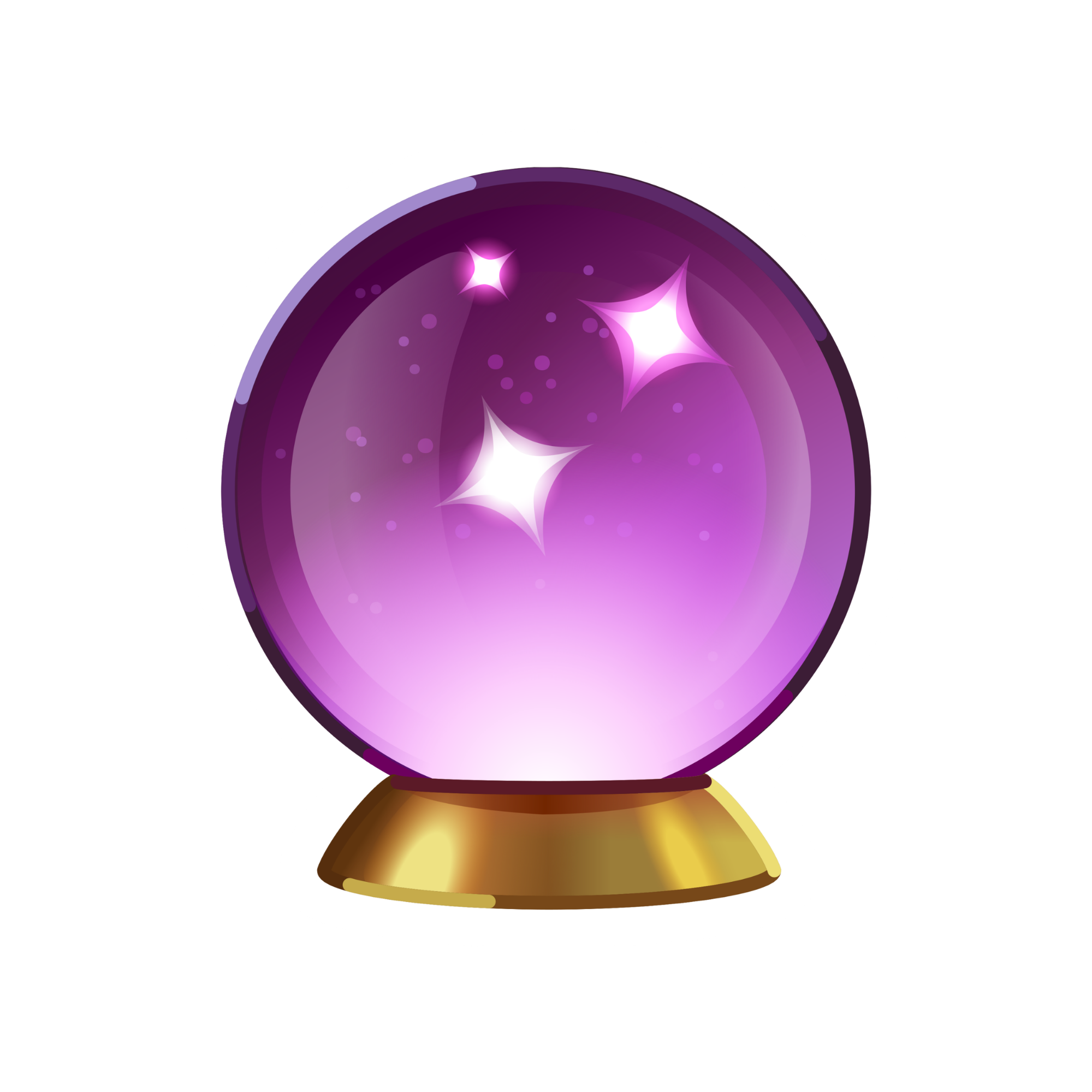A colorful illustration of a crystal ball with a purple and pink galaxy inside, glowing stars, and a gold base.