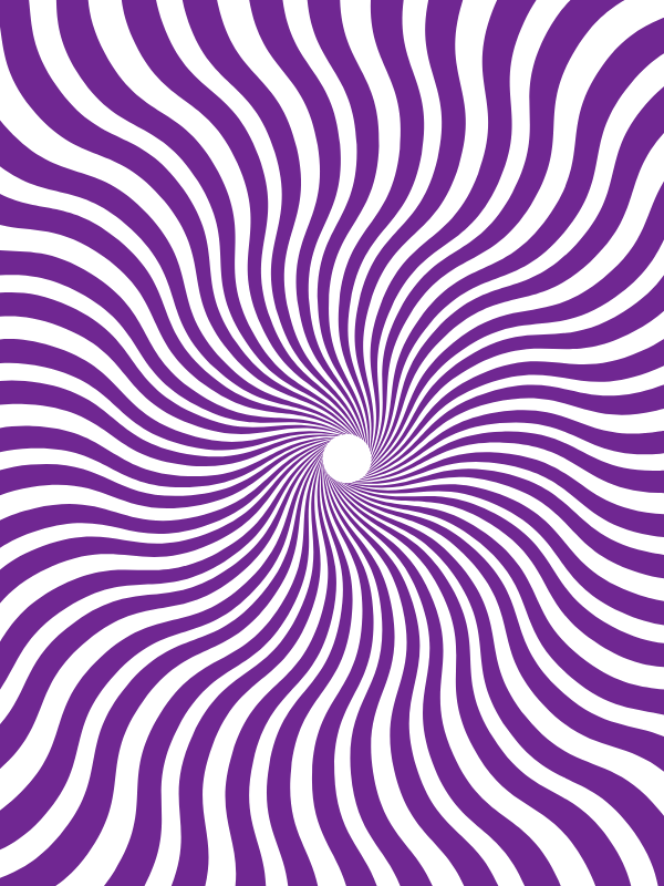 Optical illusion with black and purple wavy lines radiating out from a central black circle, creating a vortex effect.