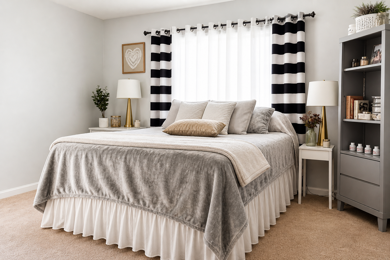 A neatly made bedroom with a large bed that has a beige bedspread, multiple pillows, and a quilted pillow on top. There are two nightstands with matching white lamps with gold bases, and a gray bookshelf filled with decor and books. The window has white and black striped curtains, and the wall features a framed heart-shaped art piece. The room has beige carpet and light-colored walls.
