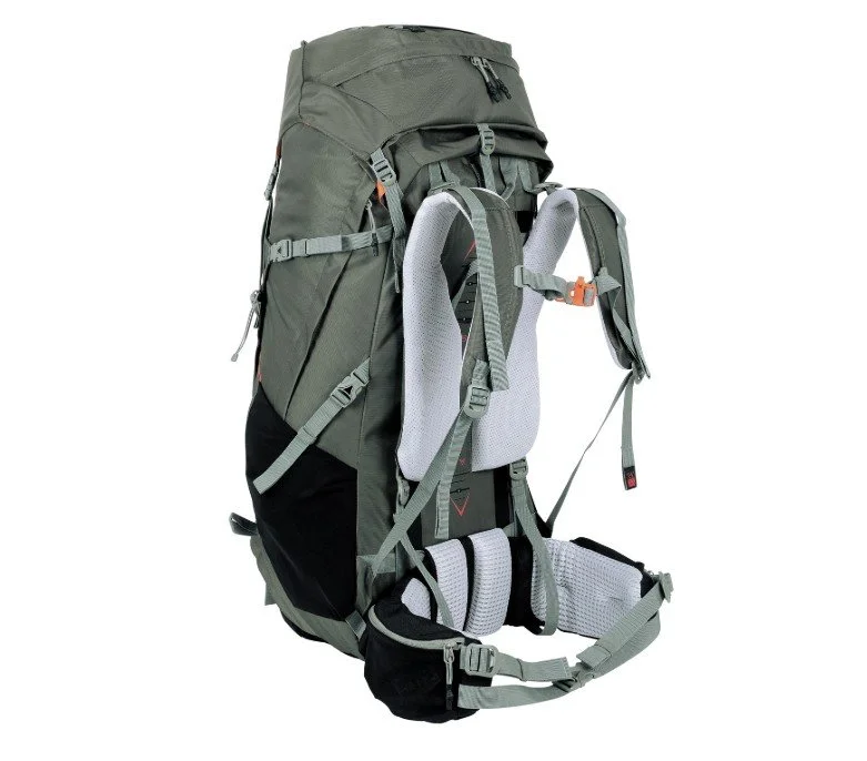 A large gray and black hiking backpack with padded shoulder straps, multiple compartments, and adjustable straps.