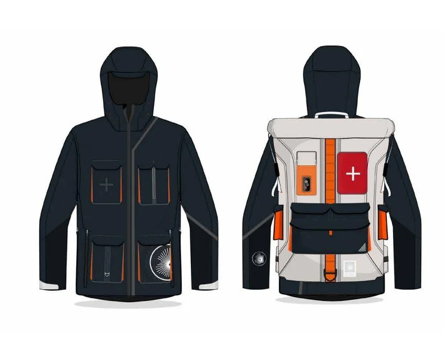 Two jackets, one with multiple pockets, zippers, and a hood, and the other with a backpack-style design, emergency medical cross symbol, and various compartments.