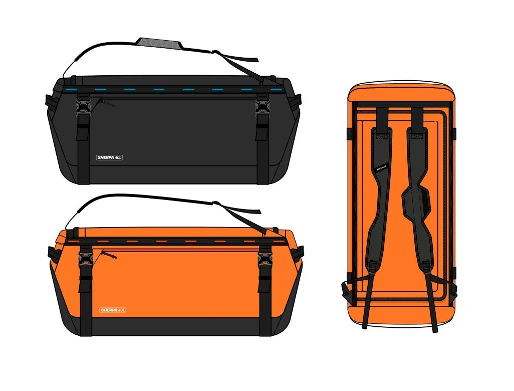 Four images of sports duffel bags, two in black and two in orange, with black straps and zippers, displayed from three angles.