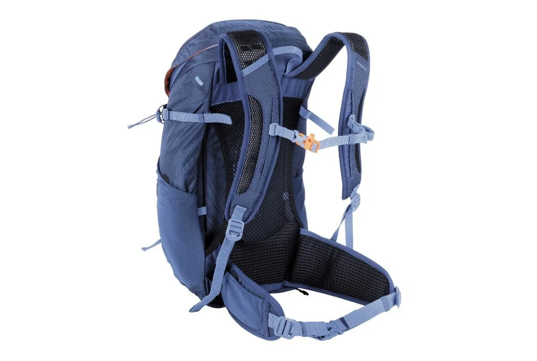 Blue hiking backpack with multiple compartments and adjustable straps.