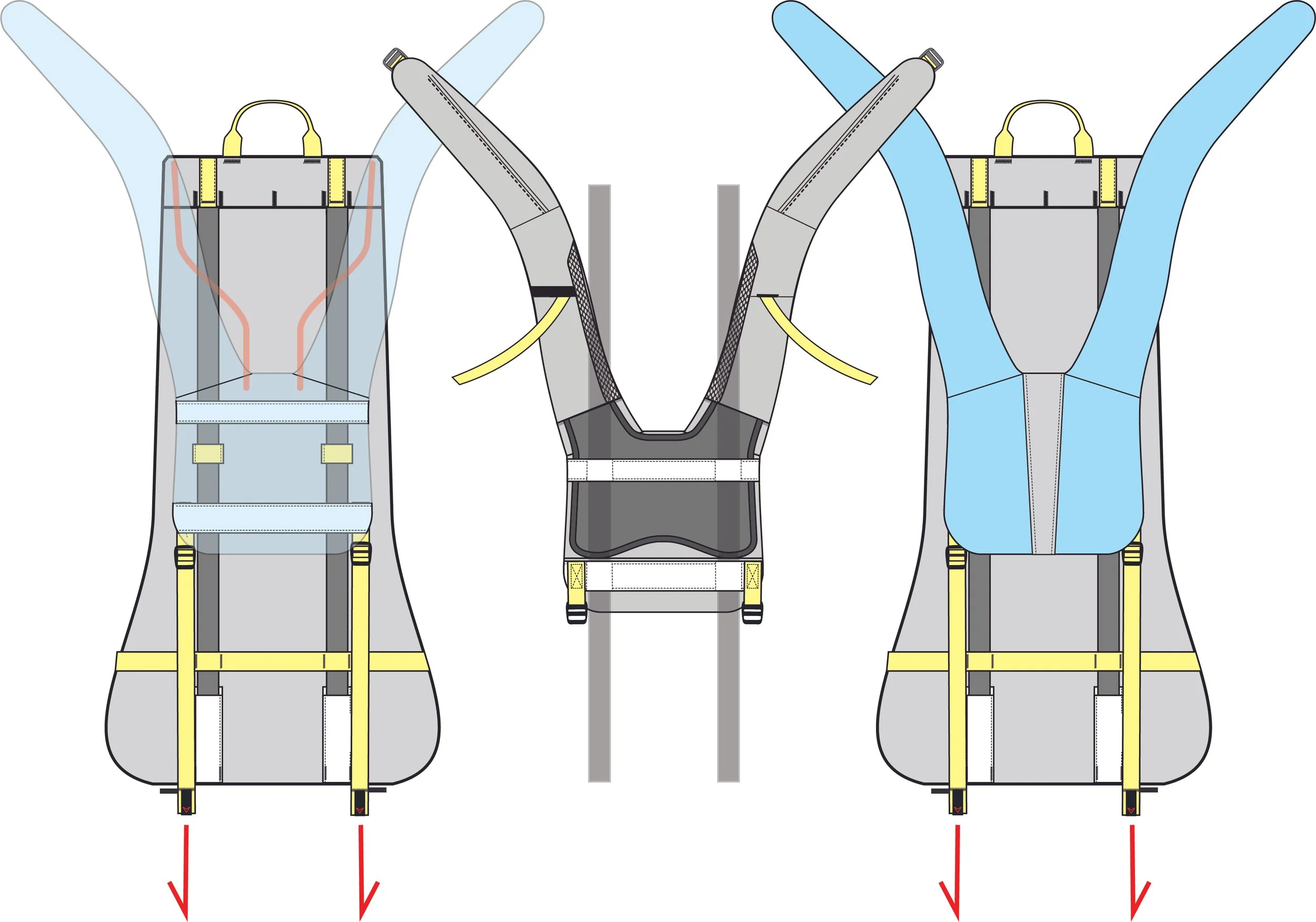 Comparison of three hiking backpacks showing straps and support systems, each in different colors.