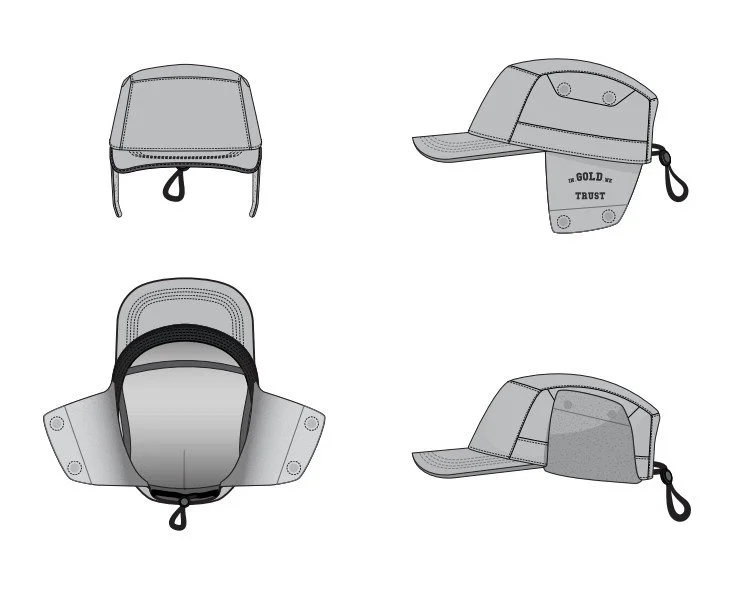 Four views of a gray baseball cap with a black strap inside, including front, side, back, and top angles.