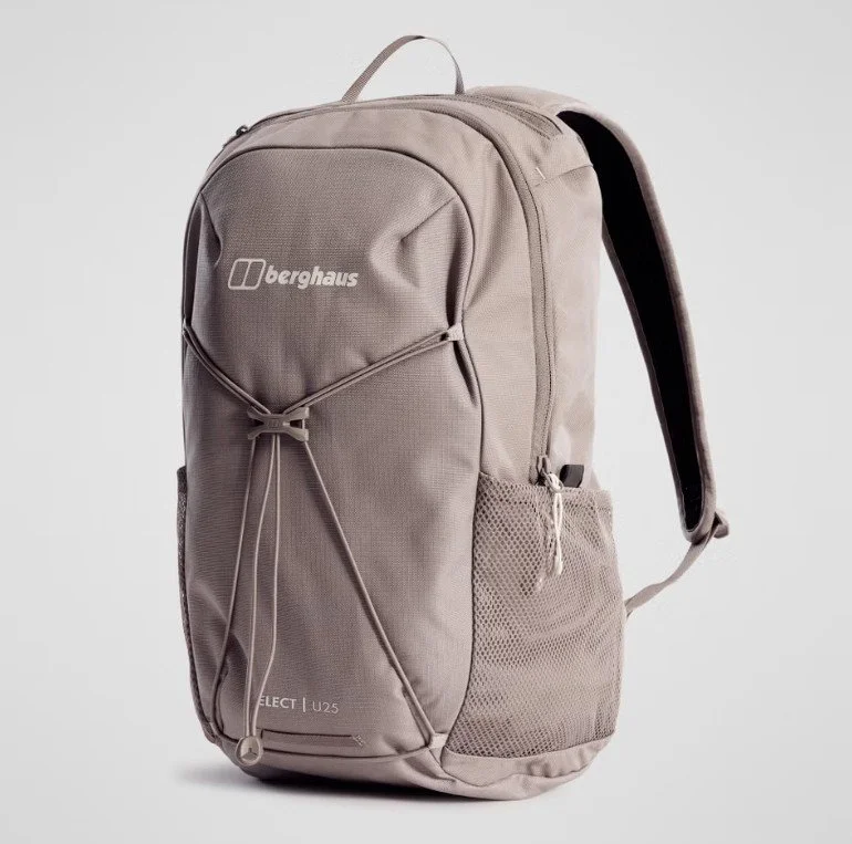 A beige Bergahuas backpack with front bungee cord and side mesh pocket against a plain light background.
