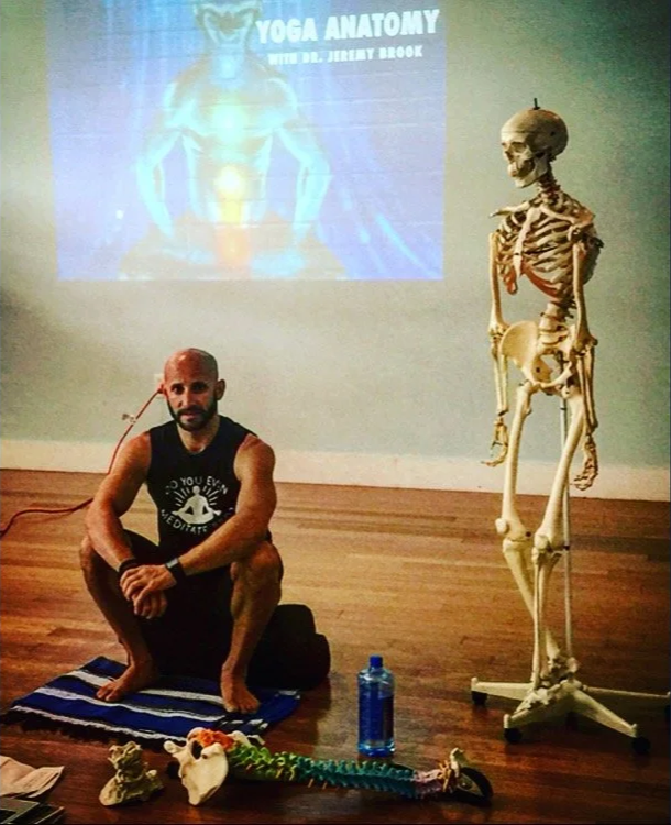 A man sits on a prayer mat in a yoga class titled 'Yoga Anatomy with Dr. Jeremy Brook,' which is projected on the wall behind him. There is a human skeleton model on a stand to his right and a colorful snake sculpture along with some other objects on the floor in front of him.