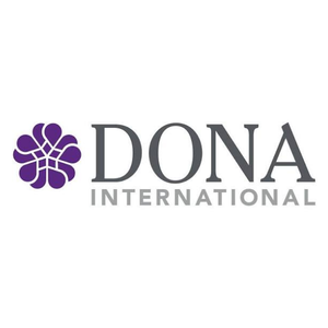 Dona International logo with a purple flower graphic and black text.