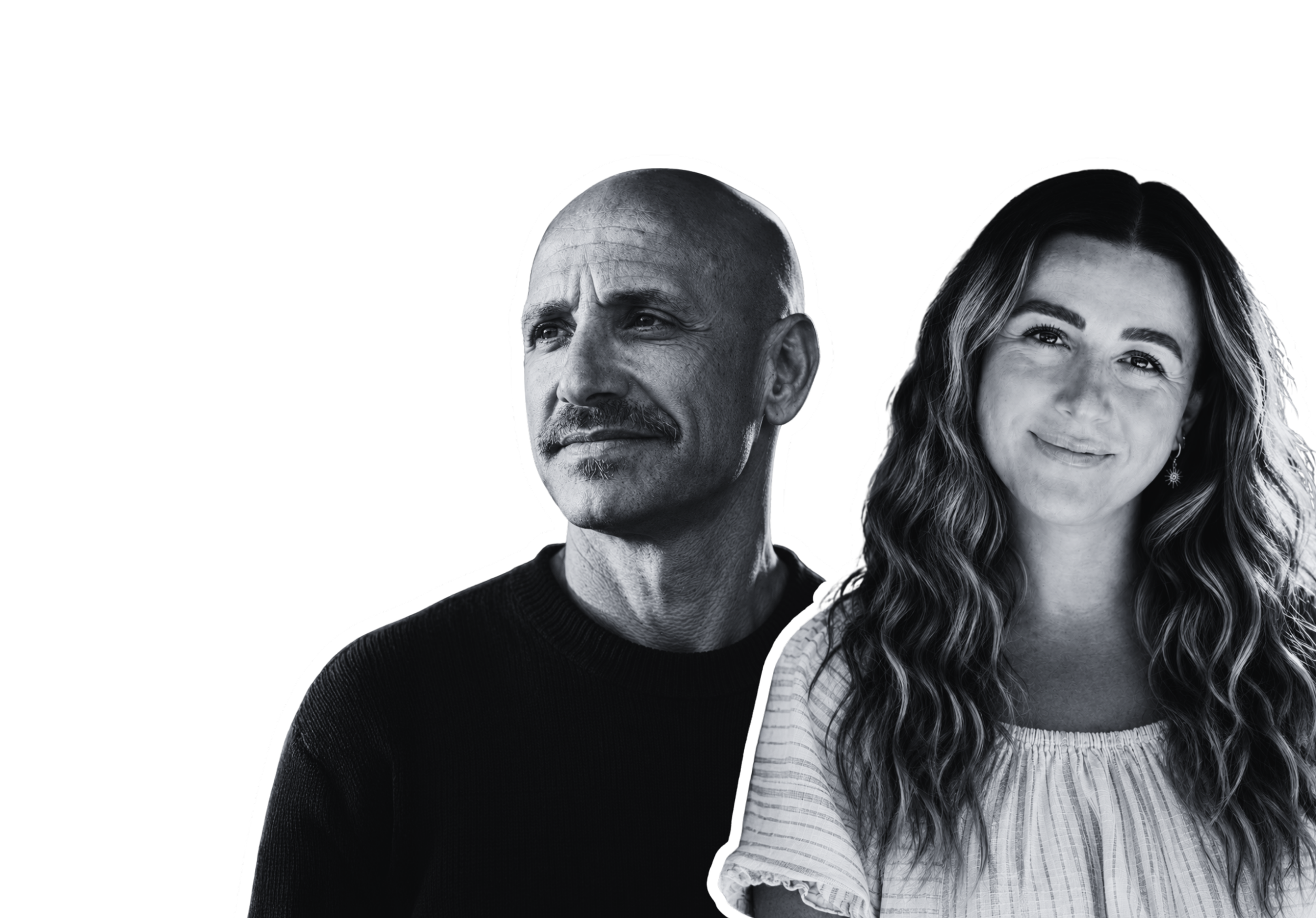 Black and white image of Dr. Jeremy Brook and Dr. Kristyn Silver-Brook, a husband and wife team of chiropractors serving the active lifestyle community of Encinitas, CA. Their practice is called Light + Bone Chiropractic.
