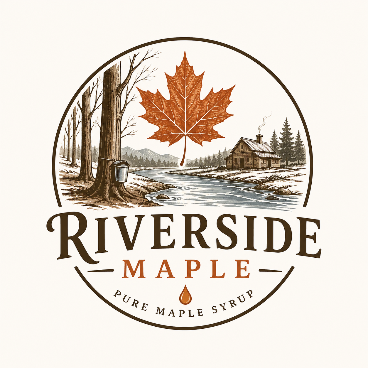 Logo for Riverside Maple featuring a scenic landscape with trees, a river, a house, and a large maple leaf at the center, with text indicating pure maple syrup.