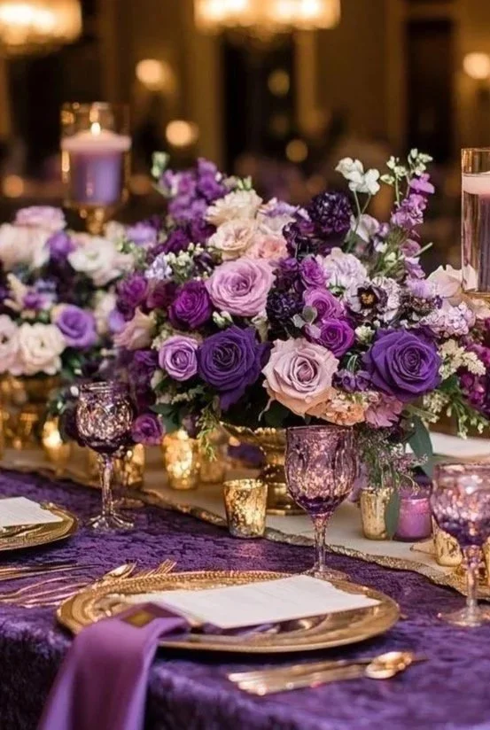 An elegant table setting decorated with a large floral centerpiece of purple and white roses, surrounded by purple and gold glassware and candles on a purple tablecloth.