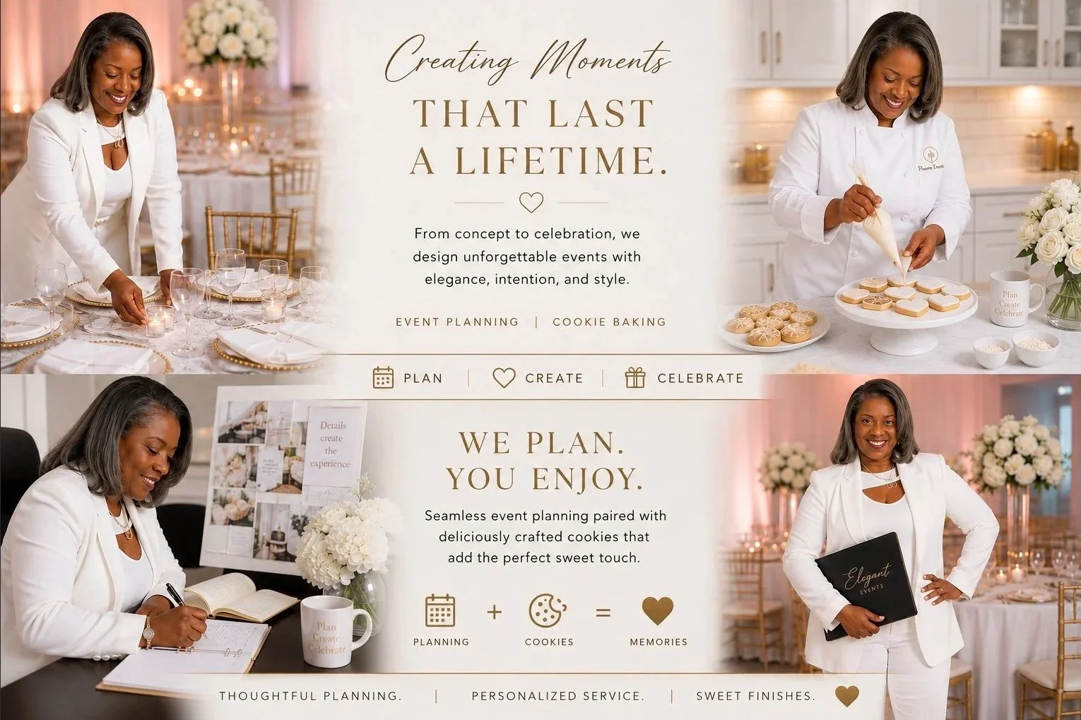 Collage of four images of a woman planning events and baking cookies, with text promoting event planning and cookie baking services, featuring elegant table settings and floral arrangements.