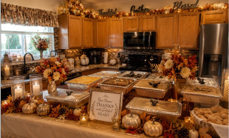 A decorated kitchen table with various Thanksgiving dishes in aluminum trays, surrounded by autumnal decorations including pumpkins, candles, and flowers, with a sign that says 'Thanks with a grateful heart'.