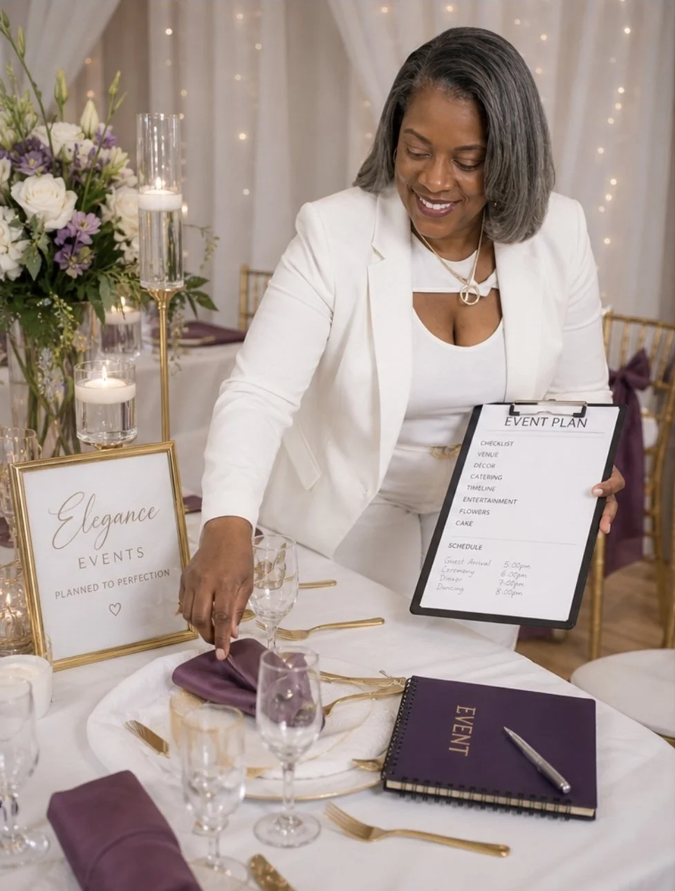 A woman in a white suit arranging a table for an event, with a floral centerpiece, framed sign reading 'Elegance Events,' and a clipboard with an event plan.