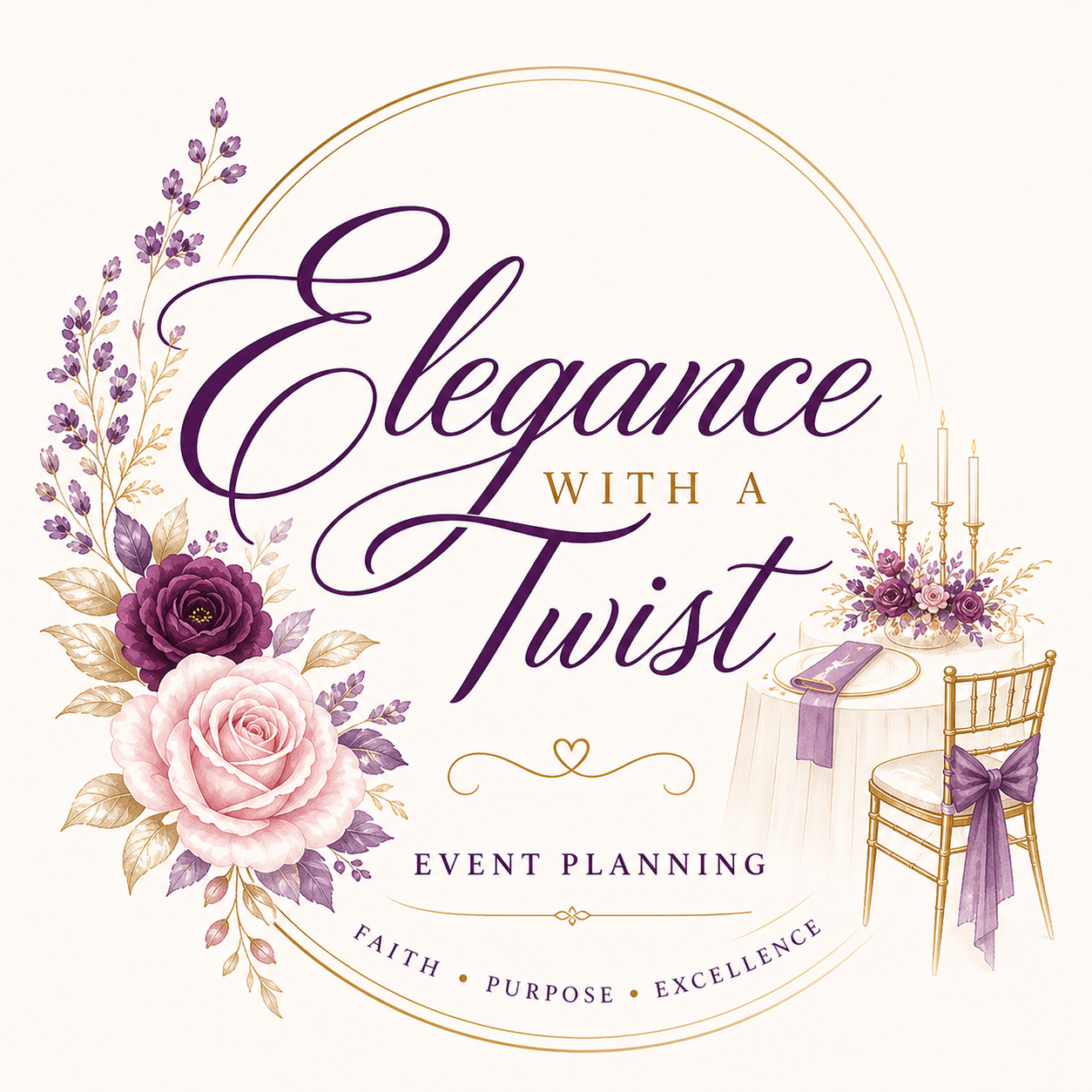 Event planning poster titled "Elegance with a Twist" featuring purple and pink flowers, candles, and a table with a chair decorated with purple ribbons