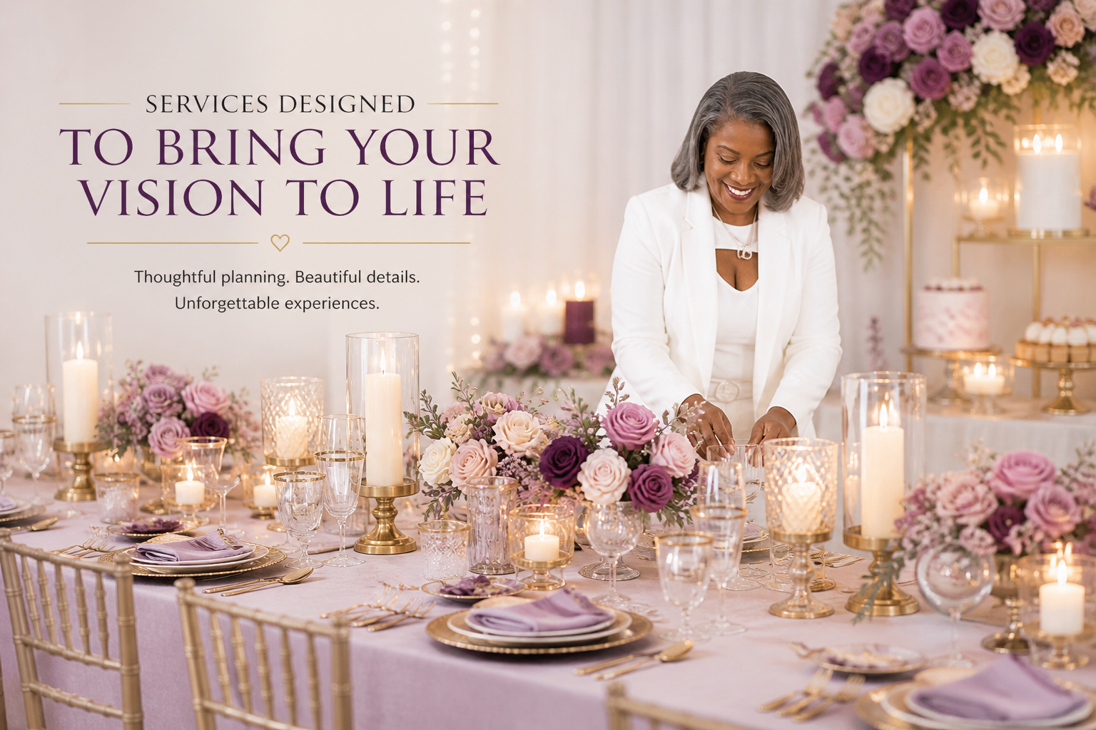 A woman in a white suit arranging a decorated table with pink, purple, and white flowers, lit candles, and elegant tableware at a celebration or event.