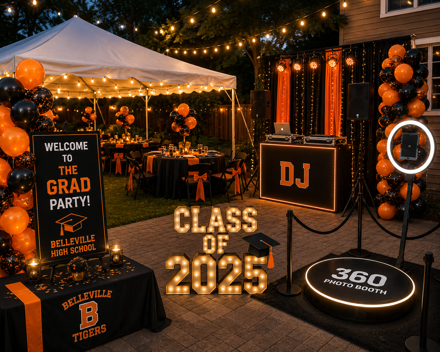 Outdoor graduation party setup with decorated tables, balloons, a photo booth, and a DJ booth under string lights in the evening. A sign welcomes guests to Bellville High School's class of 2025 celebration.