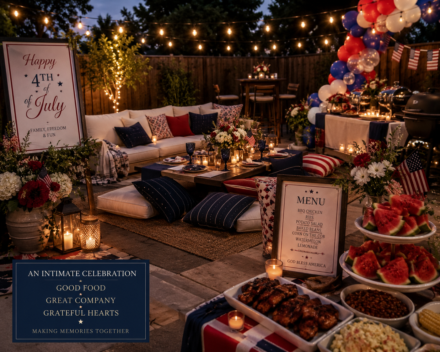 A backyard 4th of July celebration featuring a decorated seating area with pillows, string lights, and tables with patriotic decor, food, and flowers, with balloons and themed banners.
