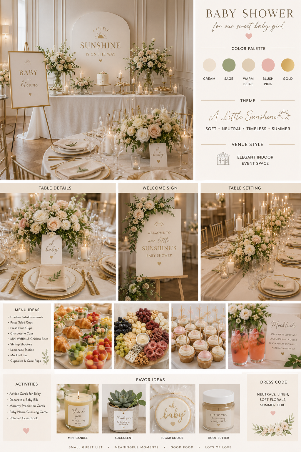 Elegant indoor baby shower decor with white and blush pink floral centerpieces, candles, and gold accents. Signage with baby shower theme and design details displayed.