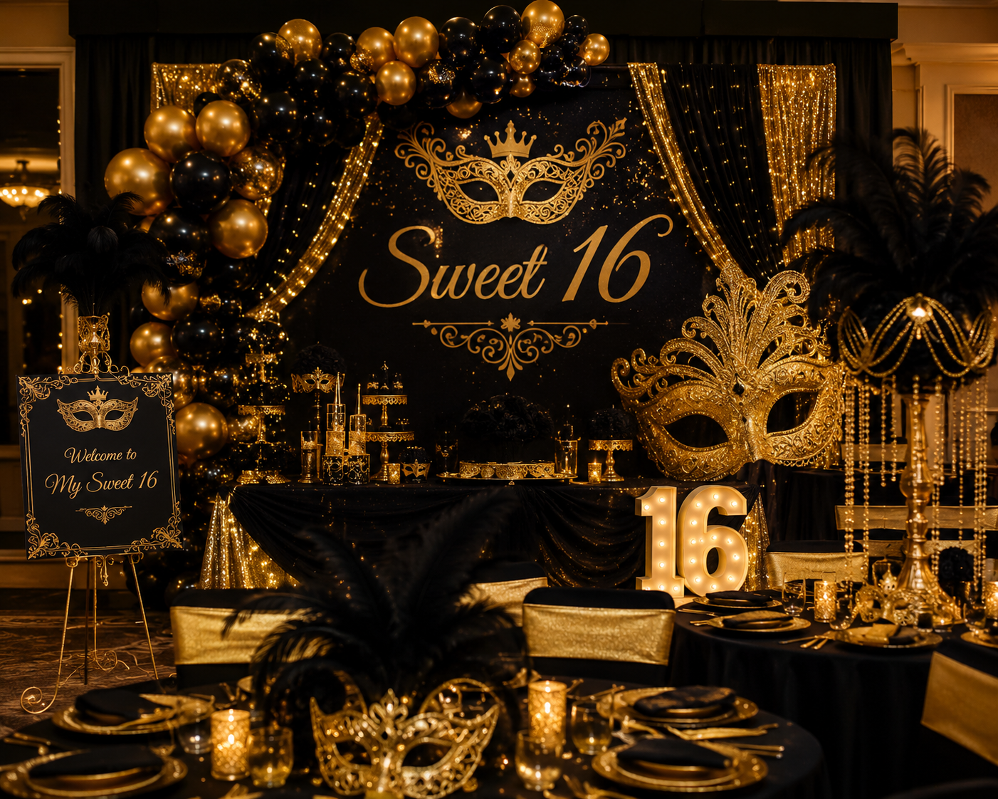 Decorations for aSweet 16 birthday party featuring black and gold theme, including masks, balloons, a large number 16, and a backdrop with the text "Sweet 16" and a masquerade mask, with tables set for a celebration.