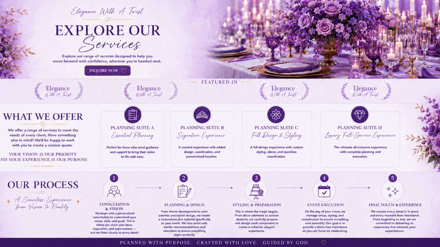 A website homepage for a service planning company. The page has a purple theme with floral and candle decorations, and sections detailing services like event planning, design, and execution.