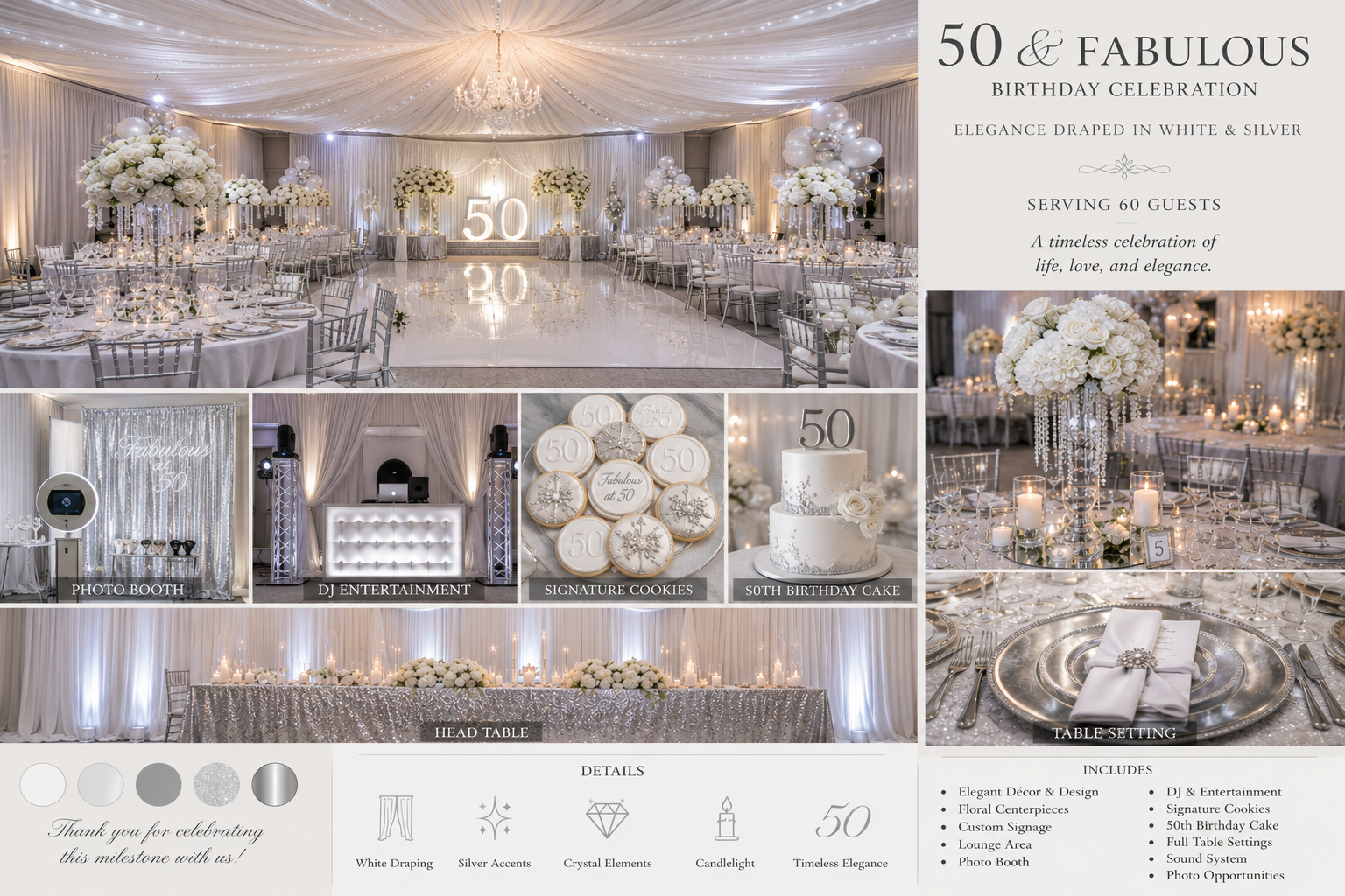 Decorated banquet hall for a 50th birthday celebration with white and silver theme. Features include round and head tables with white linen and floral centerpieces, candles, large illuminated "50" sign, photo booth, DJ area, signature cookies, and a 