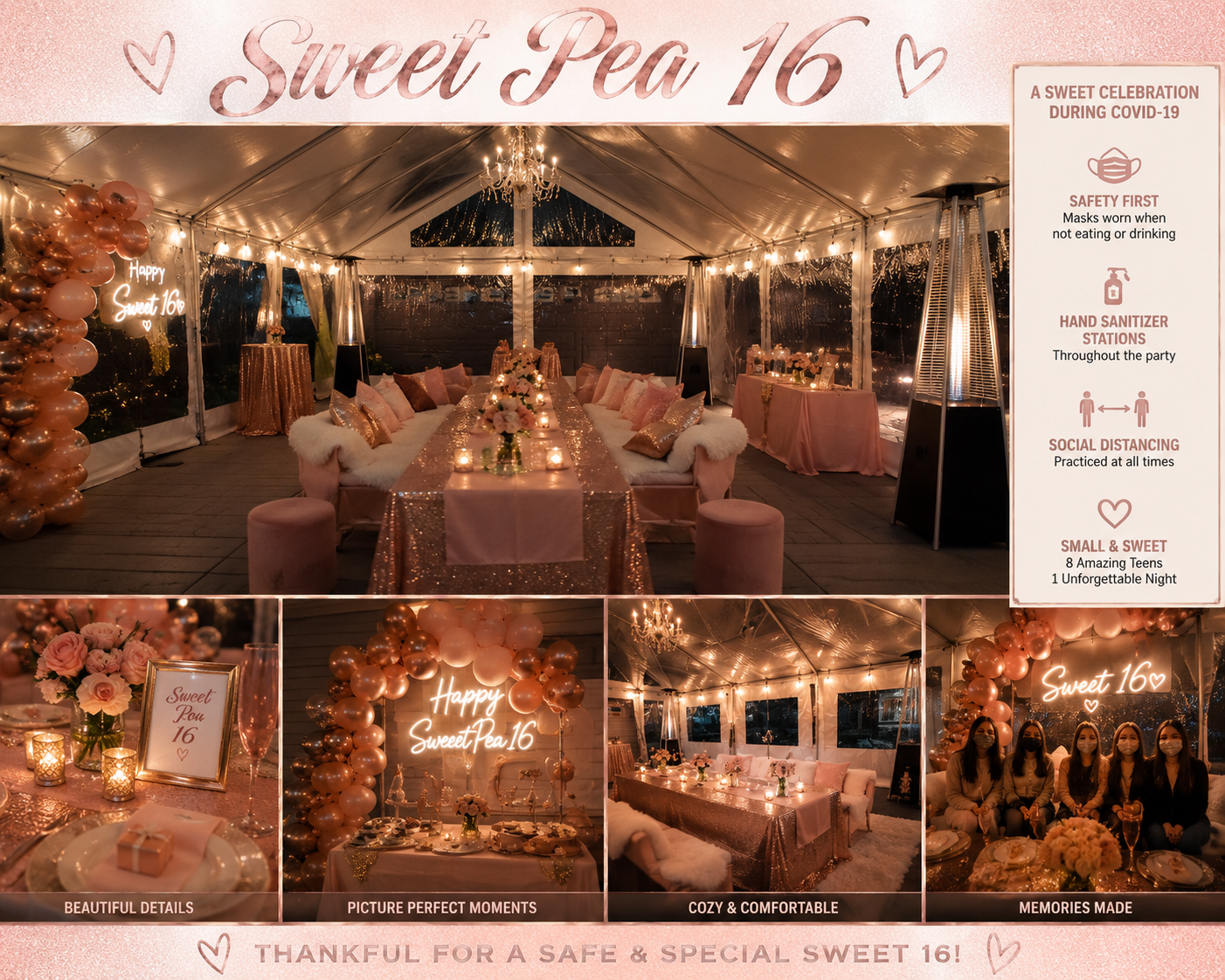 Decorated party tent interior with pink and gold themed table settings, floral arrangements, balloons, and a neon sign that says "Happy Sweet 16". The side panel displays COVID-19 safety guidelines for the celebration, including mask-wearing, hand sa