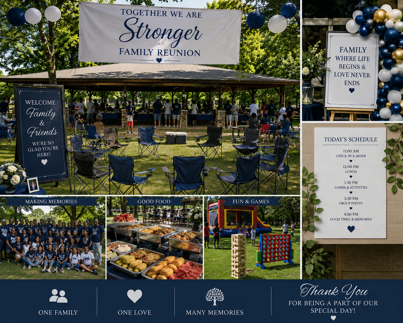 A family reunion event in a park with a large banner that reads 'Together we are stronger family reunion.' There are chairs set up around a pavilion, family photos, a schedule for the day, decorations, food spread, a group photo of people, and childr
