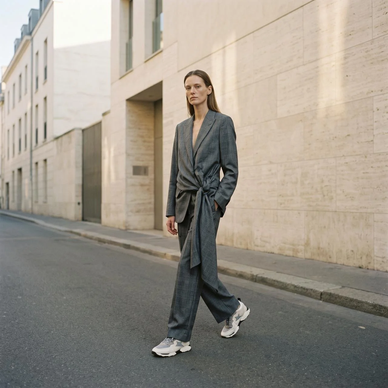 A woman in a gray plaid suit with sneakers walking on a city street with beige buildings in the background.