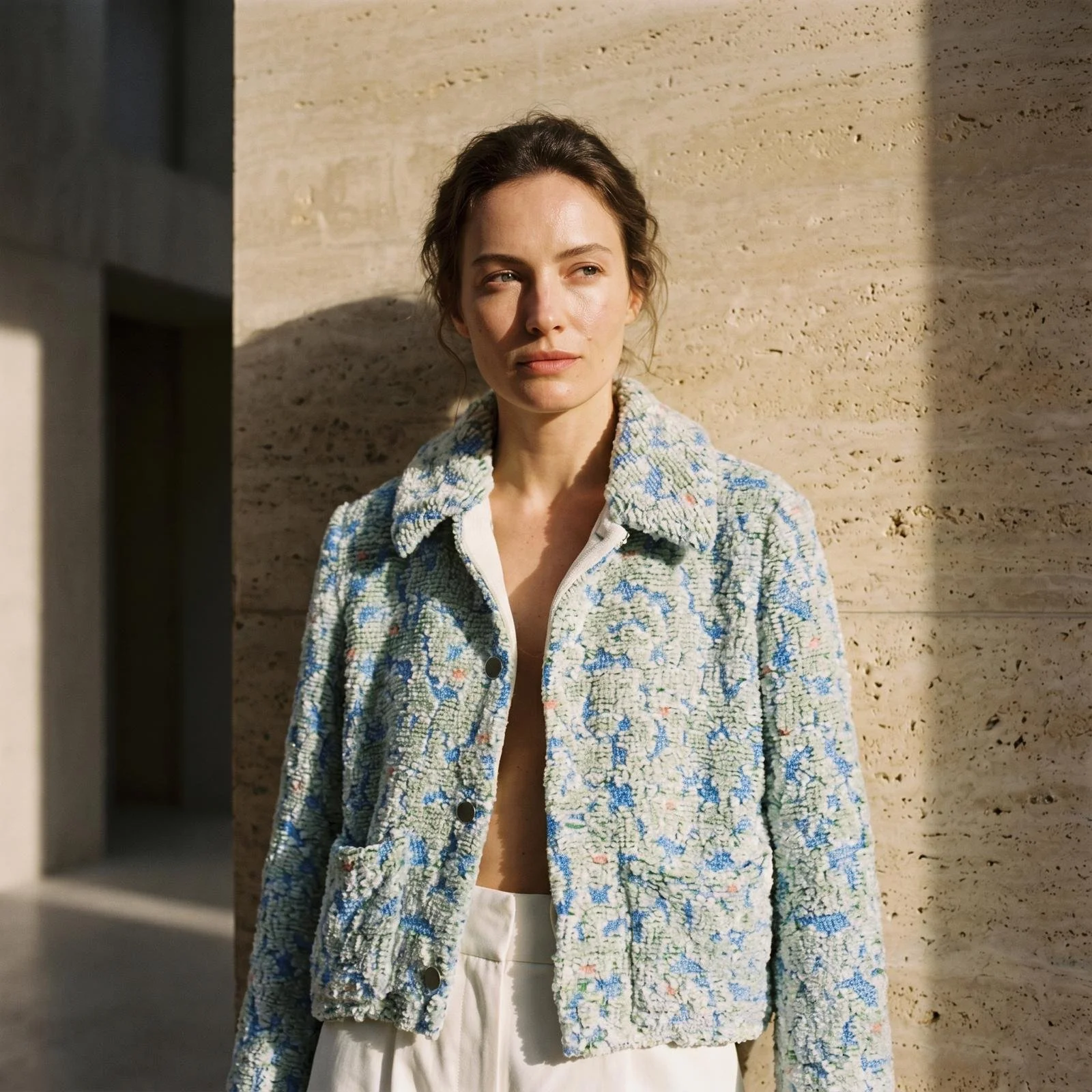 A woman with short, wavy brown hair wearing a blue and white patterned jacket, standing outside against a light beige textured wall, with sunlight casting shadows on her face and background.