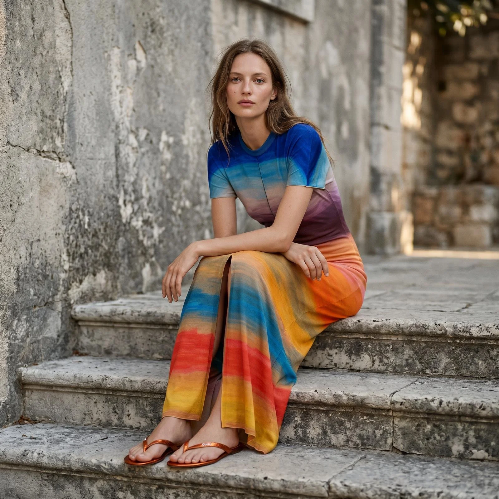 A woman with long wavy brunette hair, sitting on stone steps against a weathered stone wall. She is wearing a colorful, rainbow-striped dress and orange sandals, looking directly at the camera with a neutral expression.