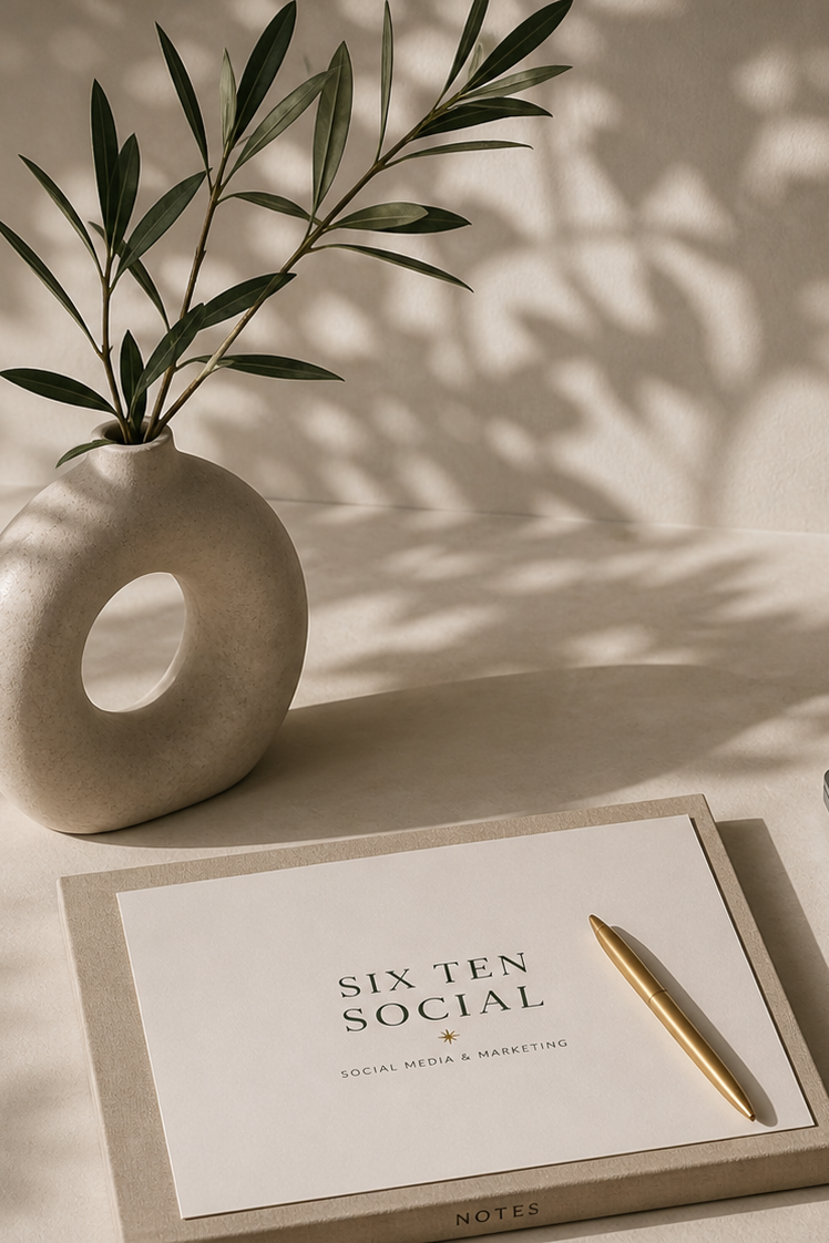 A beige ceramic vase with an oval opening, holding green leafy branches, placed on a light-colored surface, with patterned shadows on the wall behind. In front, there is a white notepad with "Six Ten Social" printed on it, along with a gold pen resting on top.
