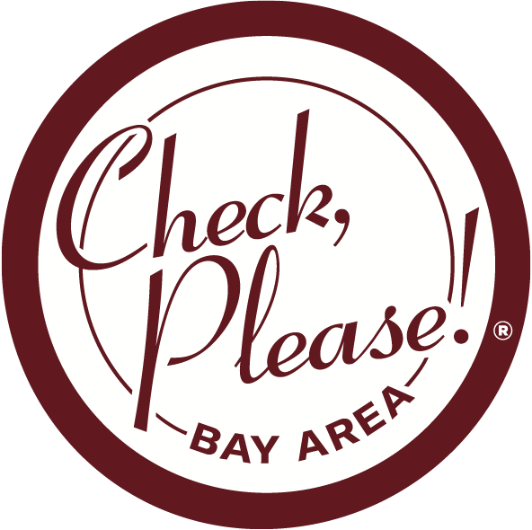 A circular sign with maroon and white colors reads "Check, Please! BAY AREA" in stylized font.