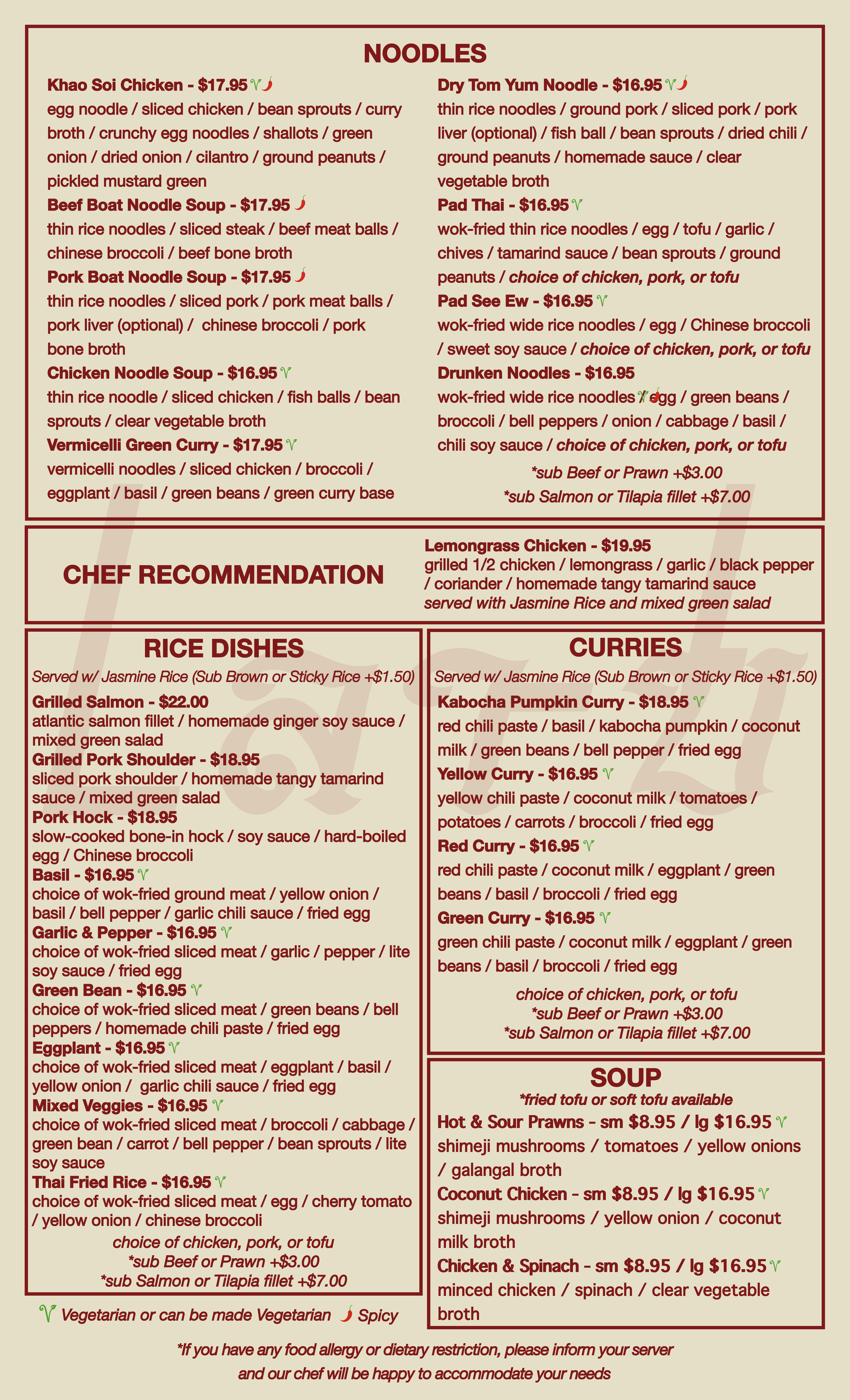 A menu of Thai cuisine featuring noodle dishes, rice dishes, curries, soups, and chef recommendations with prices and ingredient descriptions.