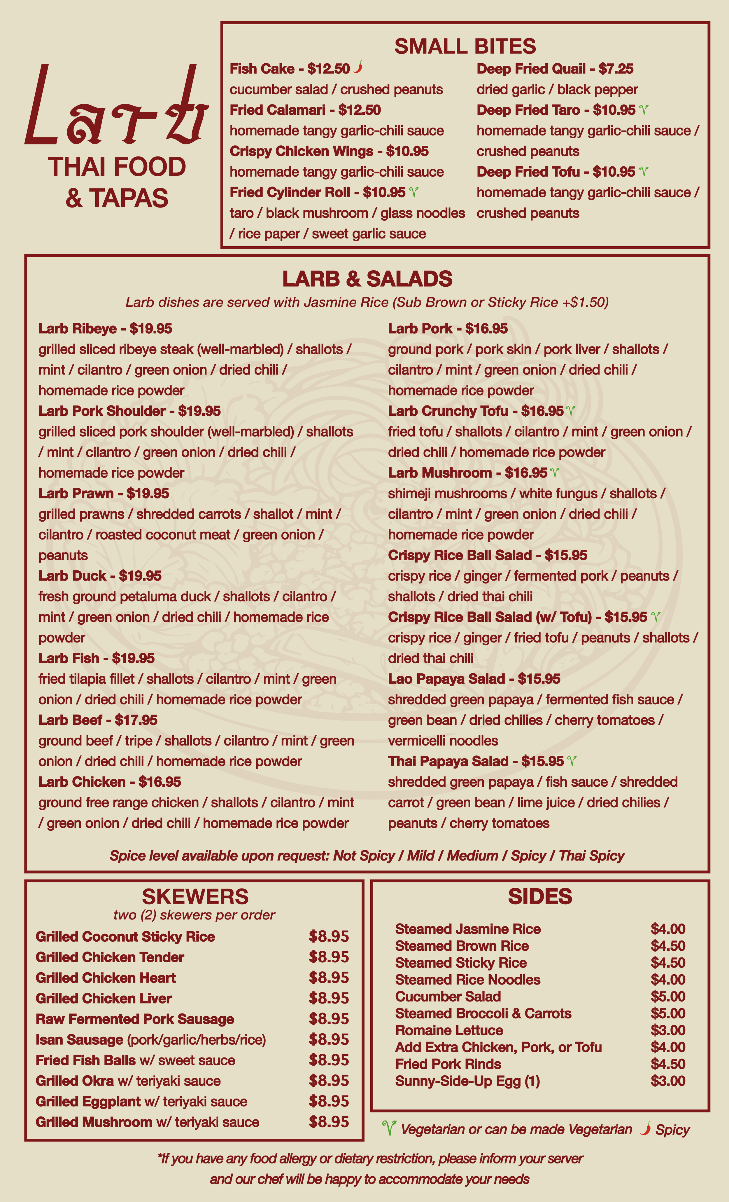 Thai food menu with sections for small bites, larb & salads, skewers, and sides. Items include fish cake, fried calamari, crispy chicken wings, various larb dishes, grilled skewers, and side dishes like jasmine rice and cucumber salad.