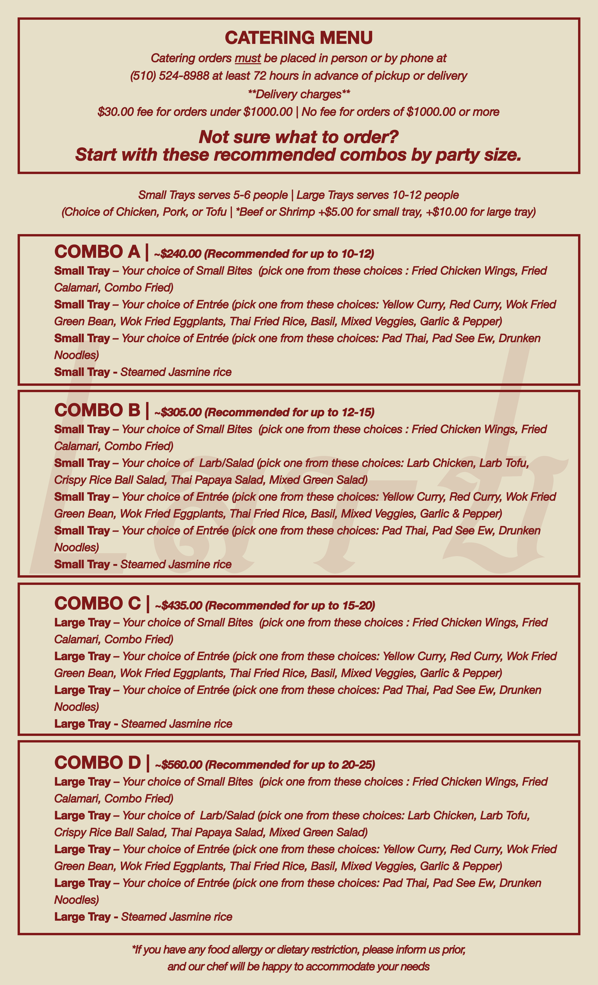 A Thai catering menu listing different combo meal options, including choice of small or large trays with various chicken, beef, or vegetarian dishes, and prices ranging from about $240 to $560.