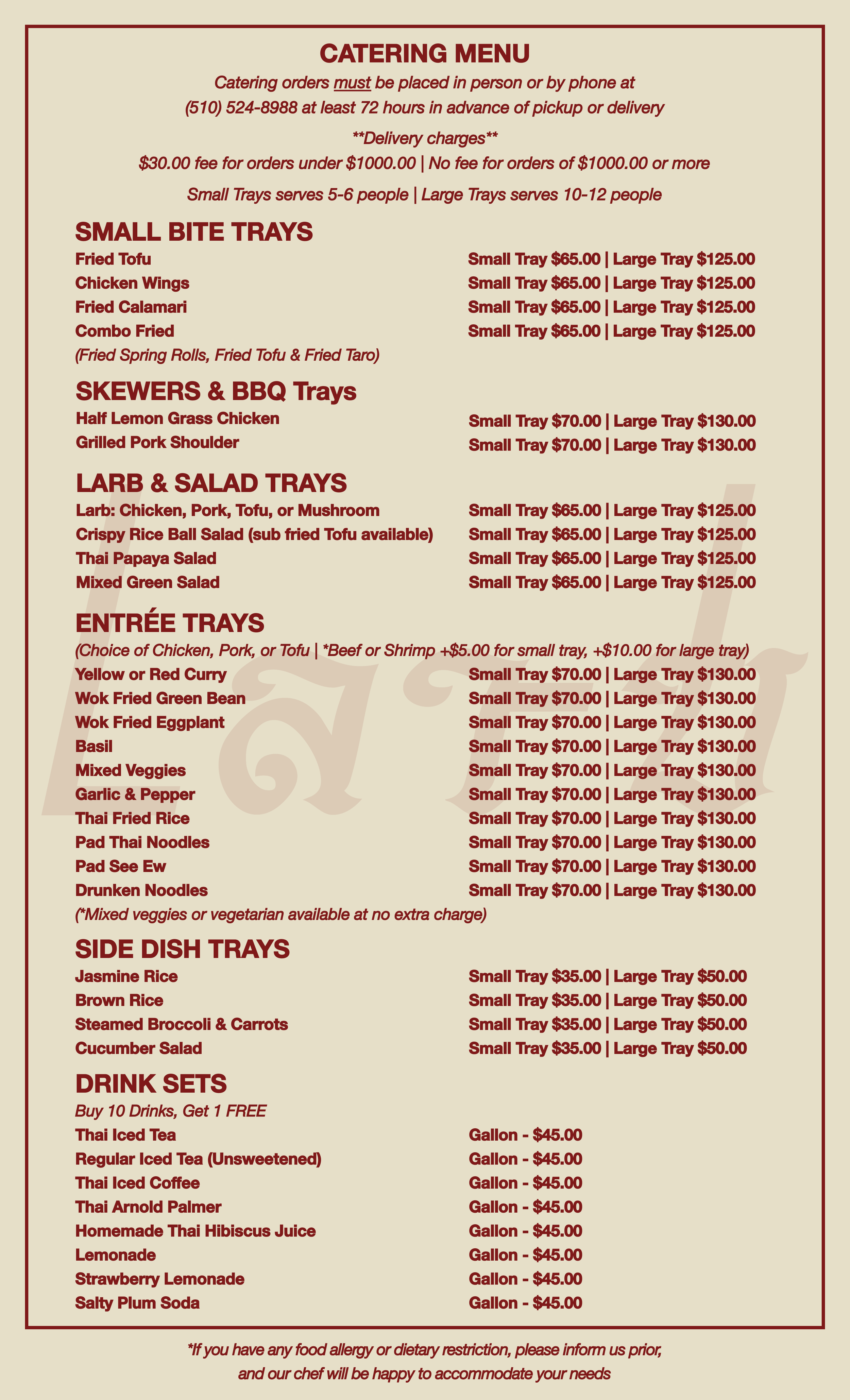 Catering menu with sections for small bite trays, skewers and BBQ trays, larb and salad trays, entrée trays, side dish trays, and drink sets, detailing item options and prices.