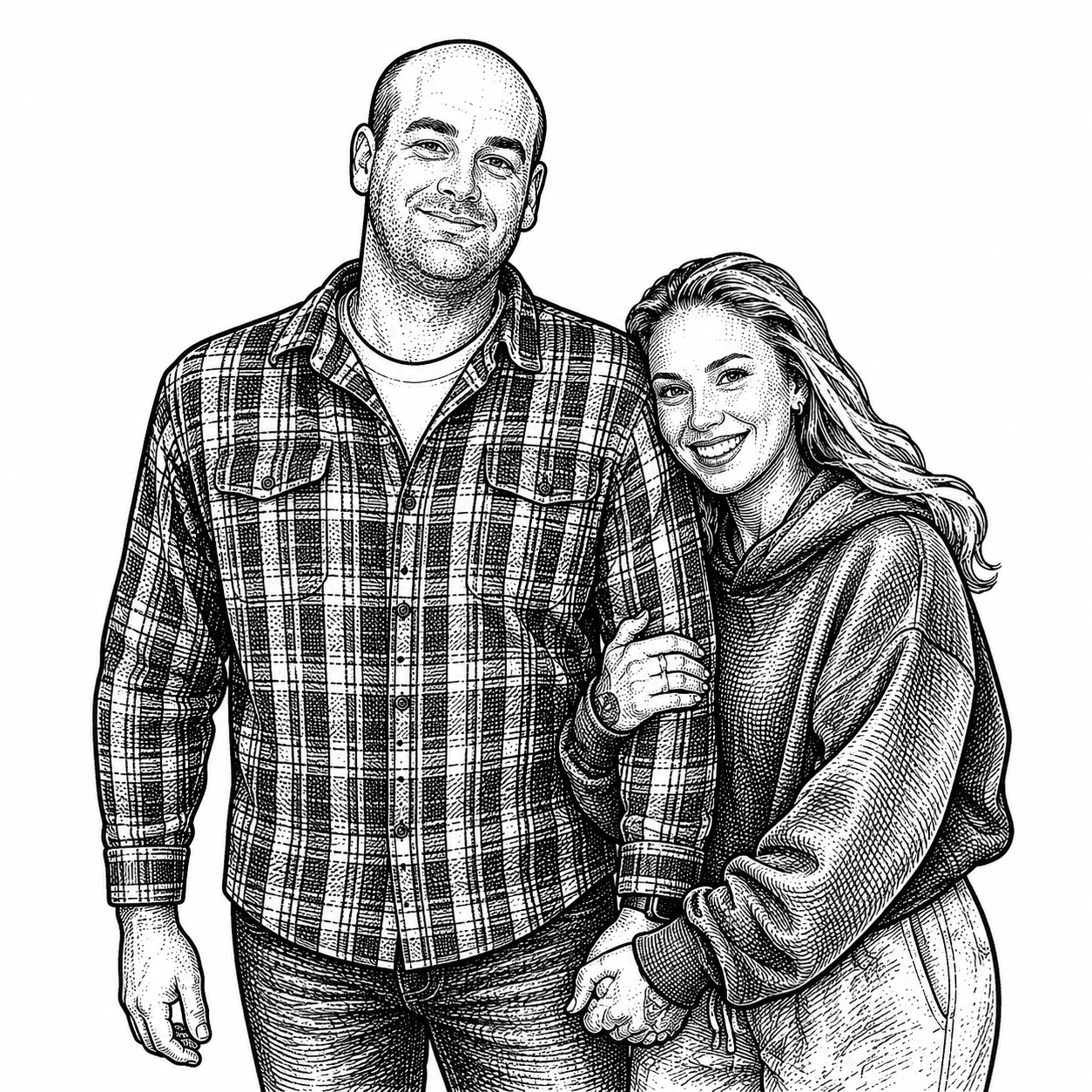 Black and white illustration of a man and woman standing close together, arm in arm, smiling.
