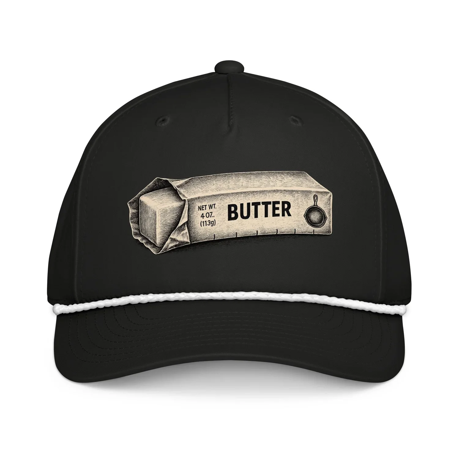 Black baseball cap with a graphic of a block of butter labeled 'NET WT. 4 OZ. (113g)', and a drawn skillet image, with a white decorative band around the brim.