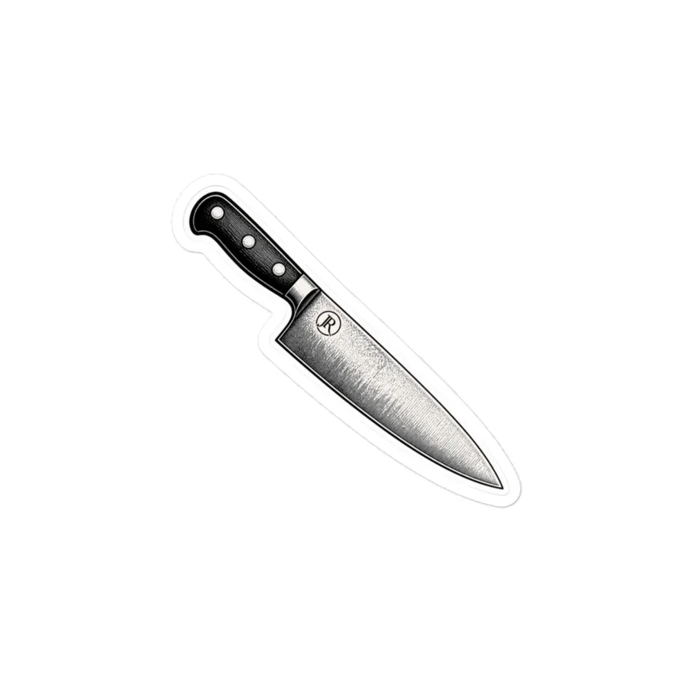A detailed illustration of a kitchen chef's knife with a black handle and a sharp metallic blade.