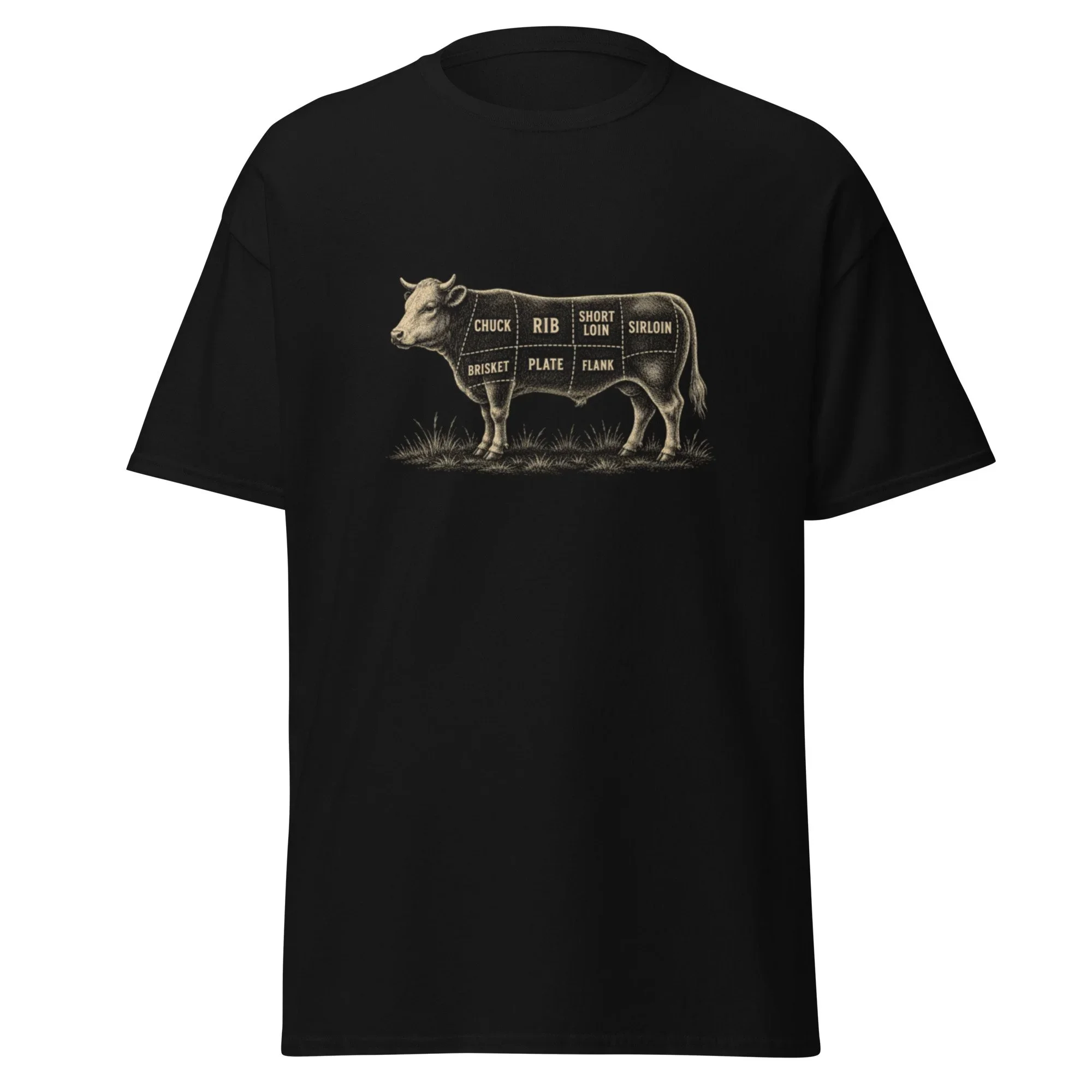 Black T-shirt with a cow diagram showing parts labeled as chuck, rib, short loin, sirloin, brisket, plate, and flank.